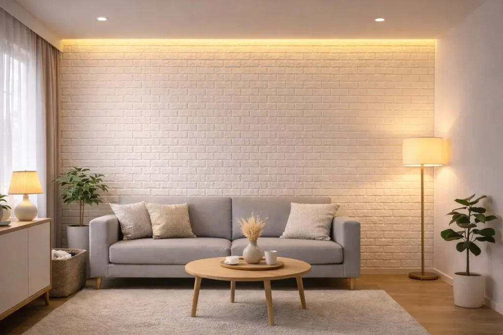 ترکیب دیوارپوش فومی با نورپردازی برای دلباز شدن پذیرایی کوچک