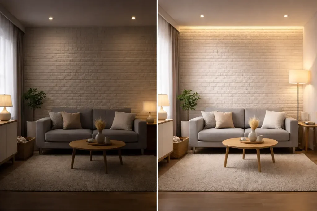 استفاده هوشمندانه از طرح و بافت دیوارپوش فومی در پذیرایی کم متراژ